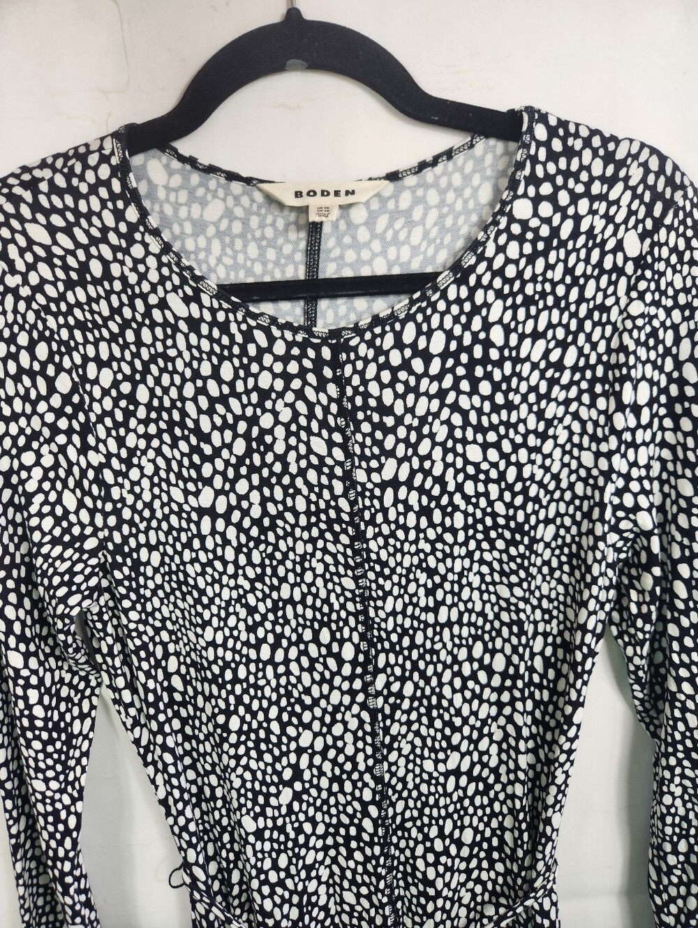 Boden Lucy EcoVero Tie Waist Midi Dress Black White Pebble Print Long Sleeve 4 - Picture 5 of 11